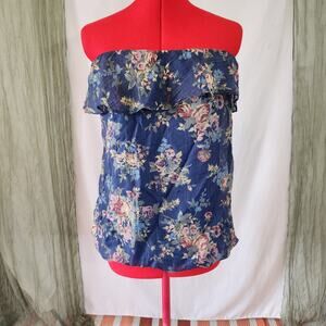 Love Culture Blue Floral Lined Strapless Ruffle Blouse Size M